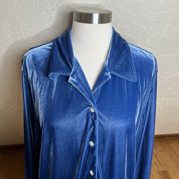 Denim & Co Velvet Tunic Top Womens Medium Blue Long Sleeve Button Down - Picture 2 of 8